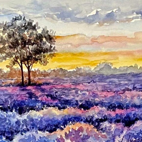 PAINTING WATERCOLOR ART ORIGINAL LANDSCAPE LAVENDER PURPLE PINK 8X10 MAT 16X20 - Picture 2 of 2